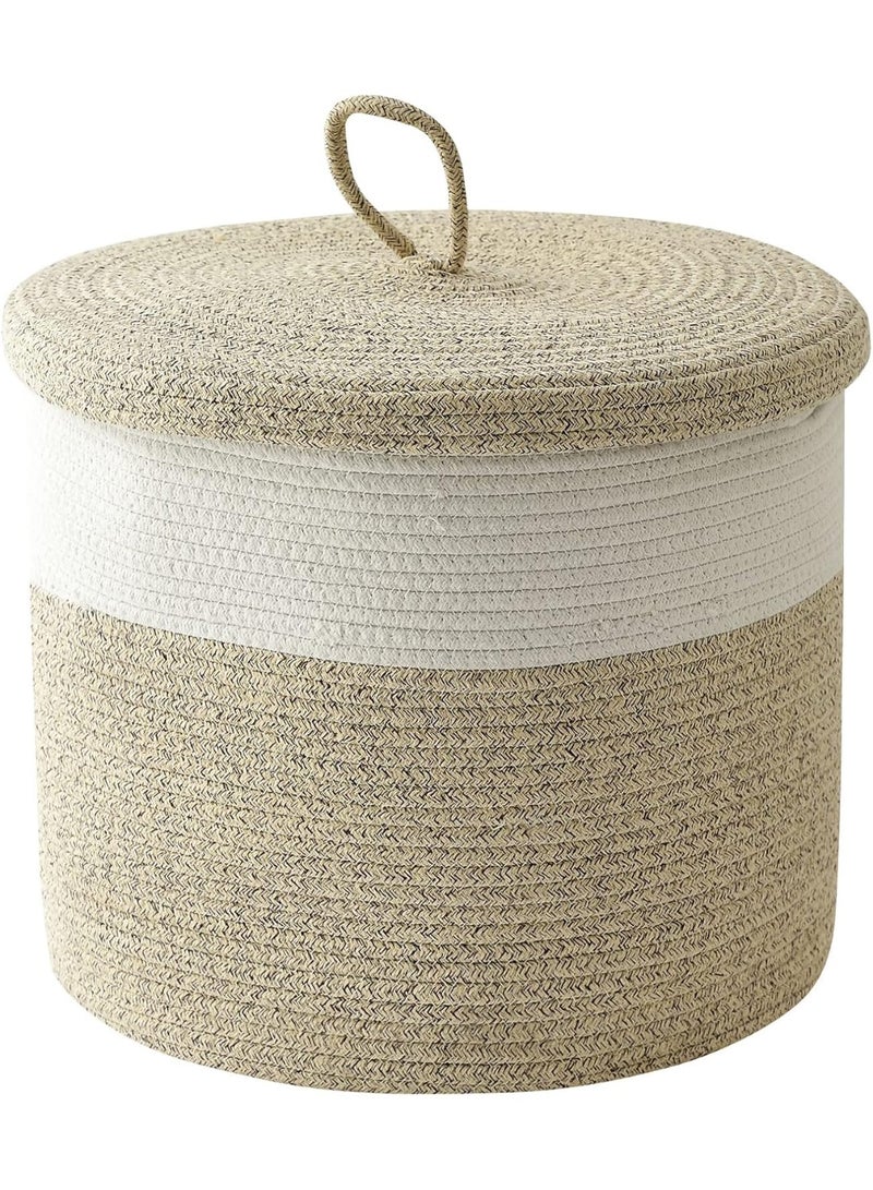 Woven Storage Basket With Lid - Large Cotton Rope Laundry Hamper - Round Cover for Nursery Baby Toy Organizers - Blanket Holder for Living Room, Bedroom Home Decor 16"D x 14"H - Image 1